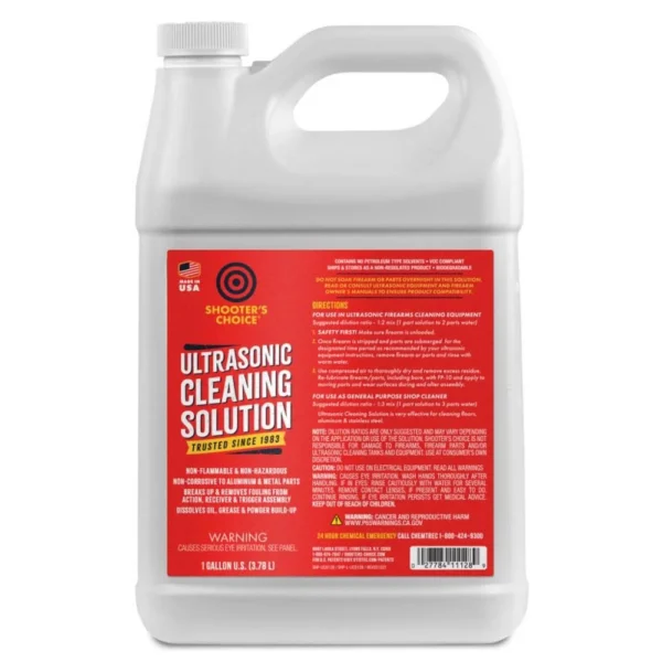 Shooters Choice Ultrasonic Clean Solution, translucent handled jug with red label, front view