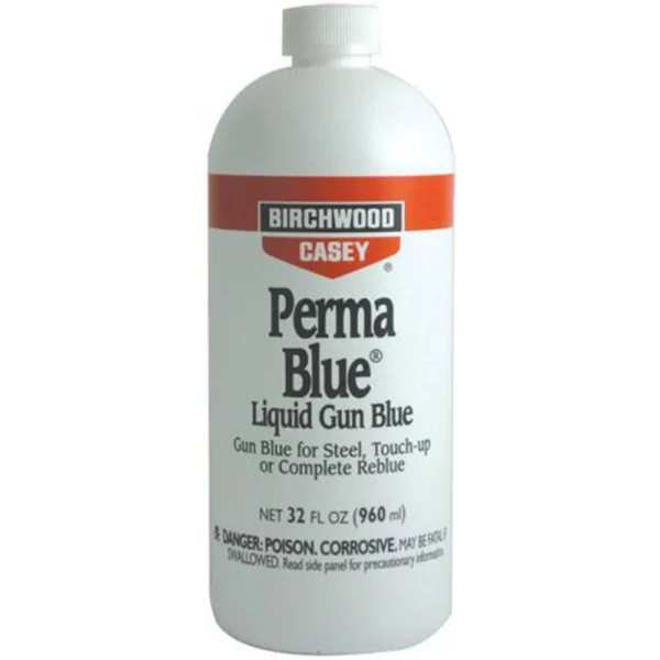 Birchwood Casey Perma Blue Liquid, white bottle with red, gray and black label in front view