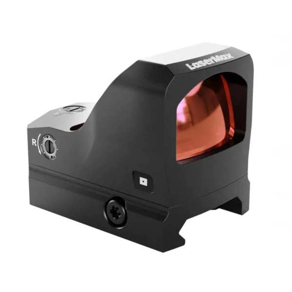 Lasermax Compact Red Dot Sight in black, front three-quarter view with red-tinted lens