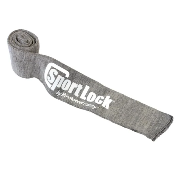Birchwood Casey Silicone Gun Sleeve, grey long-gun sleeve shown rolled with white SportLock logo