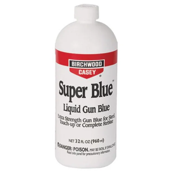 Birchwood Casey Super Blue Liquid, white bottle with red and black label, front view