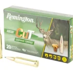 Remington REM PRMRCUT, green ammunition box with two cartridges beside it
