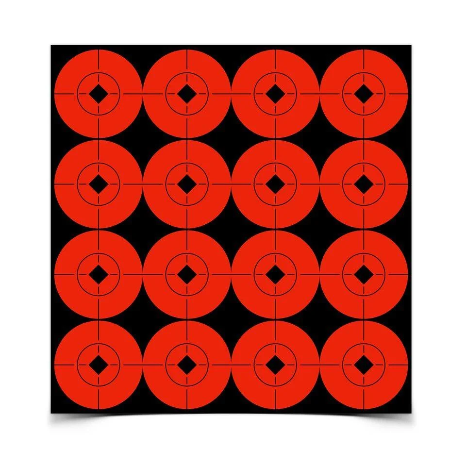 primary-24287 Birchwood Casey Adhesive Target Spots, front view of sheet with 16 red and black bullseyes