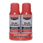 Birchwood Casey Gun Scrubber Firearm Cleaner, two red and white aerosol cans, front view