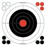Birchwood Casey Stick A Bull targets, front view with black rings, red center and repair dots