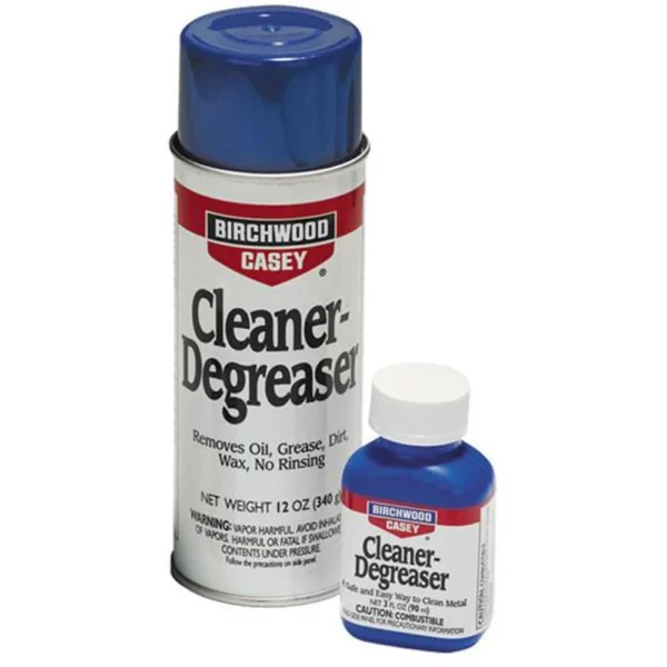 Birchwood Casey Firearm Cleaner-Degreaser, white bottle with blue cap in front view