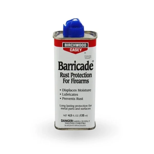 Birchwood Casey Barricade Rust Protection, silver spout can front view with blue cap