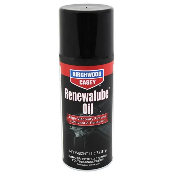 Birchwood Casey Renewalube Bio Firearm Oil, black aerosol can with red and blue label, front view