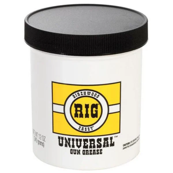 Birchwood Casey RIG Universal Gun Grease, white tub with black lid and yellow RIG label