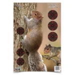 Birchwood Casey Pregame Target, front view with squirrel graphic and red bullseyes