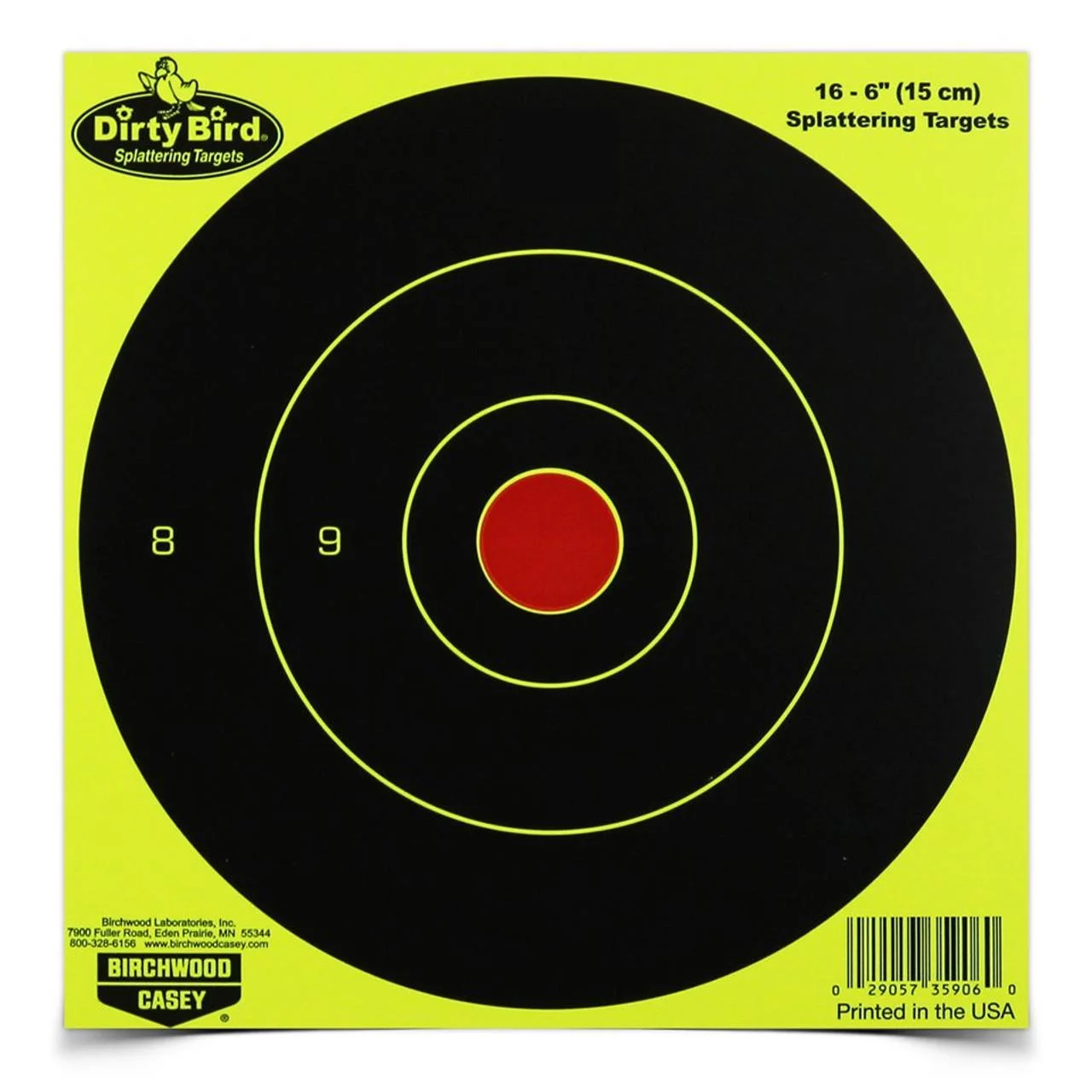 primary-24344 Birchwood Casey Dirty Bird 6-inch Yellow Bull's Eye Targets, black rings with red center
