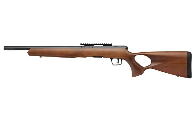 Savage Arms SAV B17 TIMBER rifle, right-side view with brown thumbhole stock and black barrel