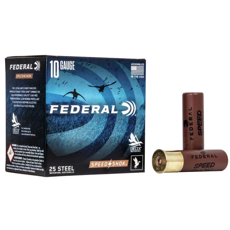 primary-24365 Federal Speed-Shok shotshells, blue box with two brown shells, one showing brass base