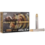 Federal Premium Cape-Shok Rifle Ammunition, box with two brass cartridges beside it