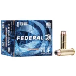 Federal Power-Shok Handgun Ammunition blue box with two brass cartridges, front view