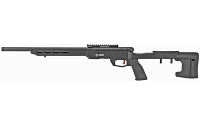 Savage Arms SAV B17 Precision black rifle, right-side view with chassis stock and magazine