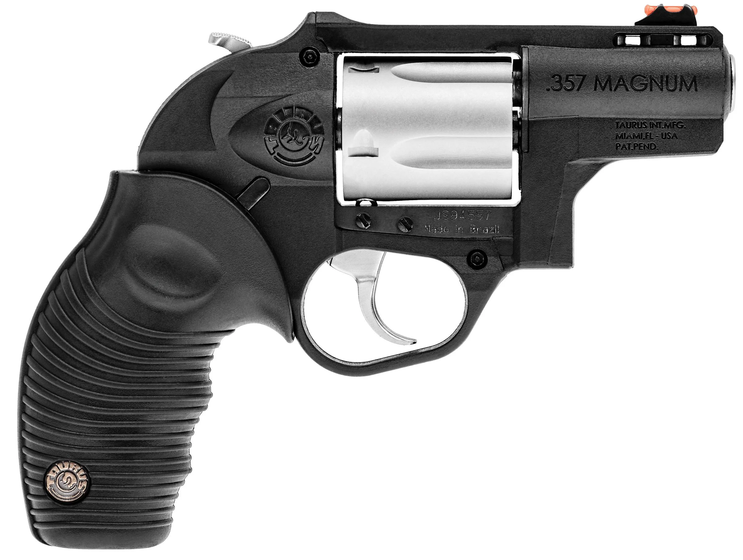 primary-2443 Taurus 605, right-side view of black revolver with silver cylinder and ribbed grip