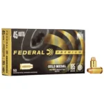 Federal Premium Gold Medal Handgun Ammunition, black box with two brass cartridges