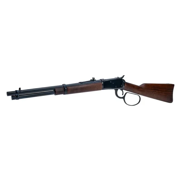Heritage 92 lever action rifle, left side view with black barrel, wood stock and loop lever