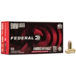 Federal American Eagle IRT black and red ammunition box, front view with one loose cartridge