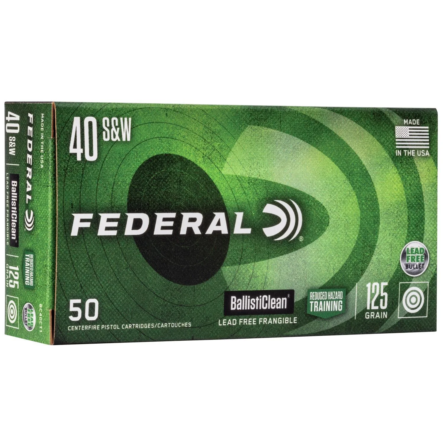 primary-24567 Federal Ballisticlean Frangible Handgun Ammunition, green box shown from the front