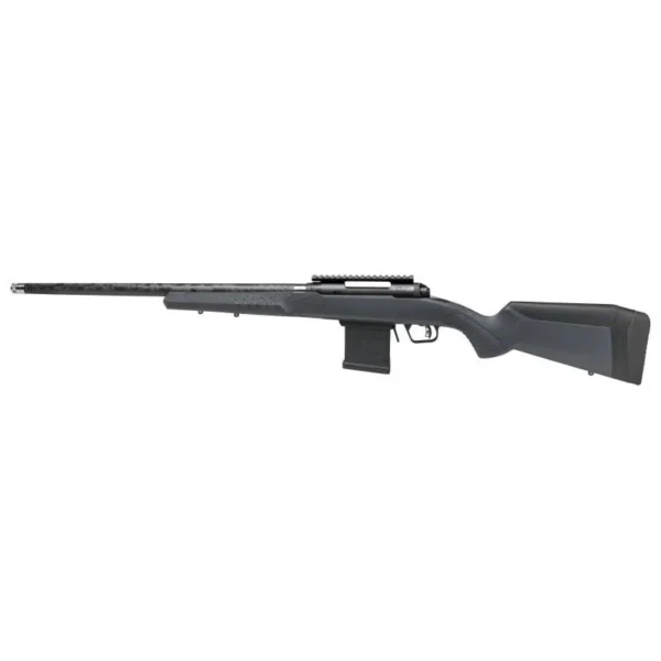 Savage Arms 110 Carbon Tactical rifle, right side view with grey stock, black barrel and optic rail