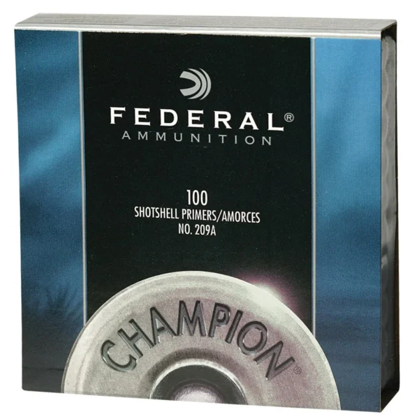 Federal Champion Shotshell Primer, front view of blue and black product box