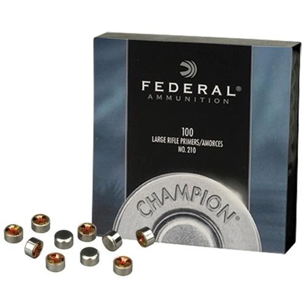 primary-24596 Federal Premium Champion Centerfire Primers Large Rifle black box with loose primers in front