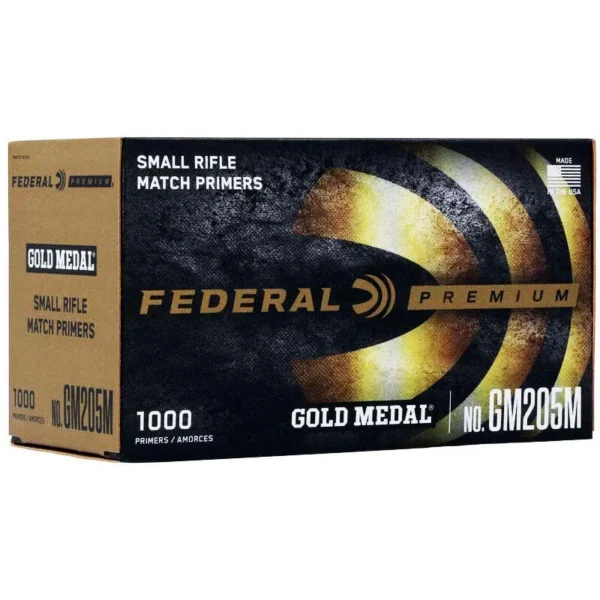 Federal Premium Gold Medal Centerfire Primers, front view of black and gold retail box
