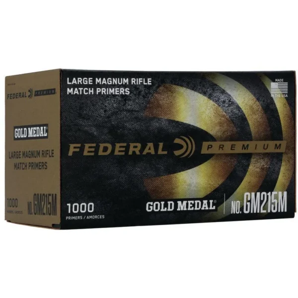 Federal Premium Gold Medal Centerfire Primers front view of black and gold retail box