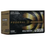 Federal Gold Medal, black and gold Large Pistol Match Primers box in front angled view