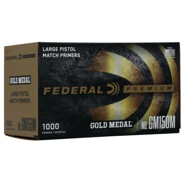 Federal Gold Medal, black and gold Large Pistol Match Primers box in front angled view