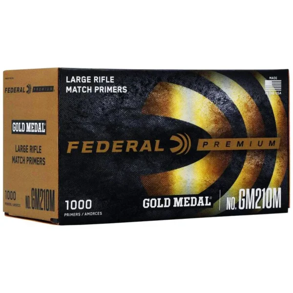 Federal Premium Gold Medal Large Rifle Match Primers, black and gold box shown from the front