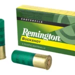Remington REM EXP, green and yellow ammunition box with two green shotshells