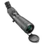 Bushnell Trophy Spotting Scope, black angled scope with front lens cap open