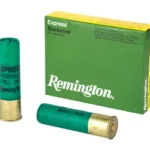 Remington REM EXP MAG green ammunition box with two green shotgun shells