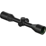 Bushnell Trophy R5 rifle scope, angled side view, matte black with adjustment turrets