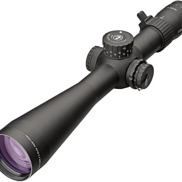 Leupold Mark 5HD Rifle Scope, matte black angled view with turrets and purple-tinted front lens