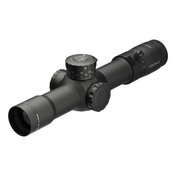 Leupold Mark 5HD M5C3 2-10x30 Rifle Scope, black angled side view with adjustment turrets