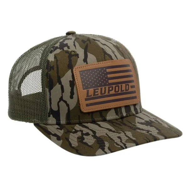 Leupold & Stevens Inc. Leupold Leather Flag Trucker Hat Mossy Oak Bottomland Camo/Green