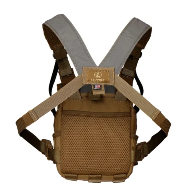 Leupold Pro Guide Binocular Harness 2, tan rear view with crossed straps and mesh pouch