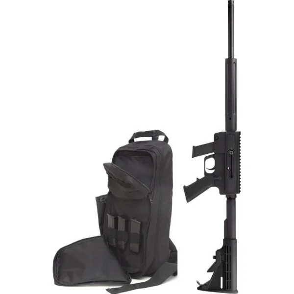 Just Right Carbine Takedown Rifle, black right-side view beside a black slingpack
