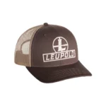 Leupold Reticle Trucker Hat, brown and khaki front view with mesh back and embroidered logo