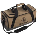 Leupold Optics GO Gear Duffle, tan and black angled view with handles and shoulder strap