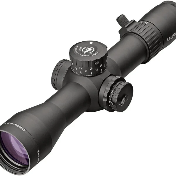 Leupold Mark 5HD rifle scope in matte black, angled front view with adjustment turrets