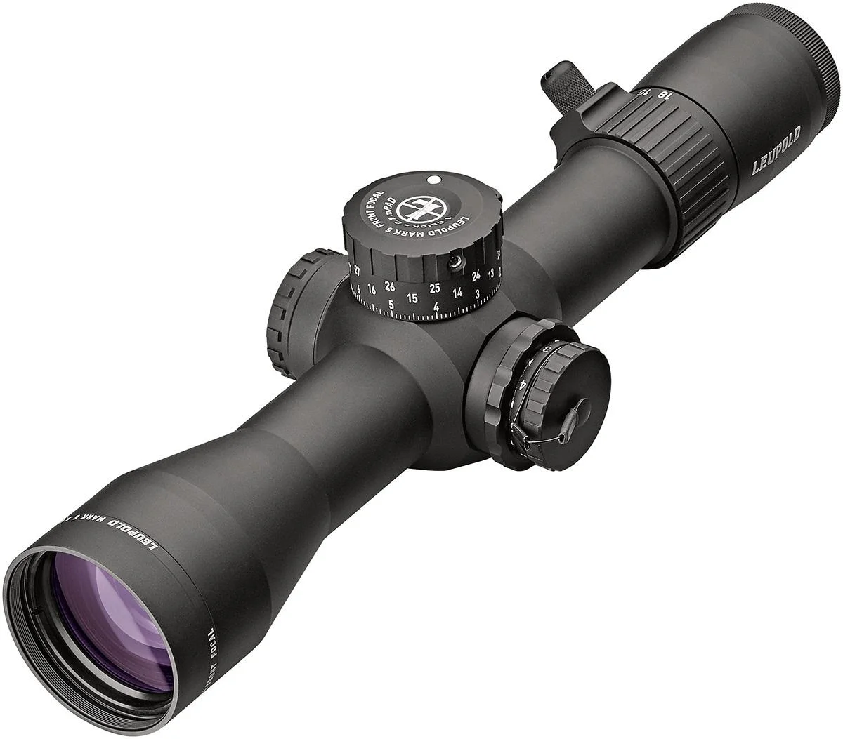 primary-24939 Leupold Mark 5HD rifle scope in matte black, angled front view with adjustment turrets