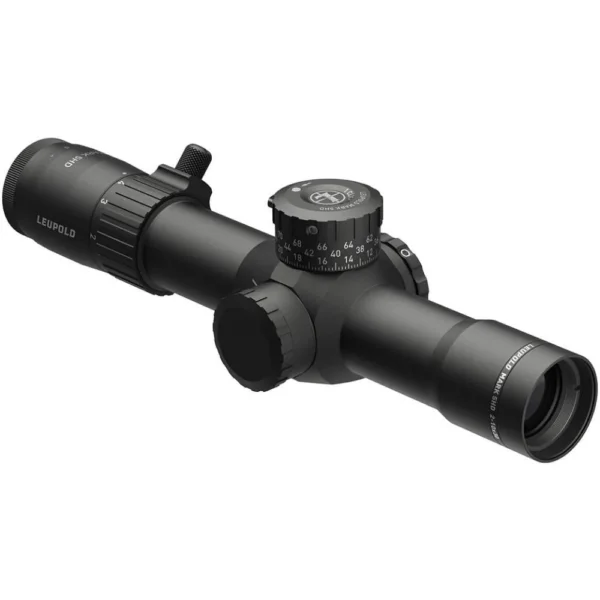Leupold Mark 5HD 2-10x30 black rifle scope, angled side view with adjustment turrets