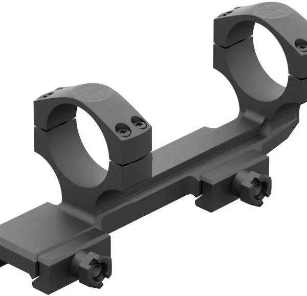 Leupold Mark IMS Integral Mounting System, black angled view with two rings and rail clamps