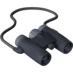 Bushnell A1 Compact black binoculars, angled front view with neck cord and ribbed barrels