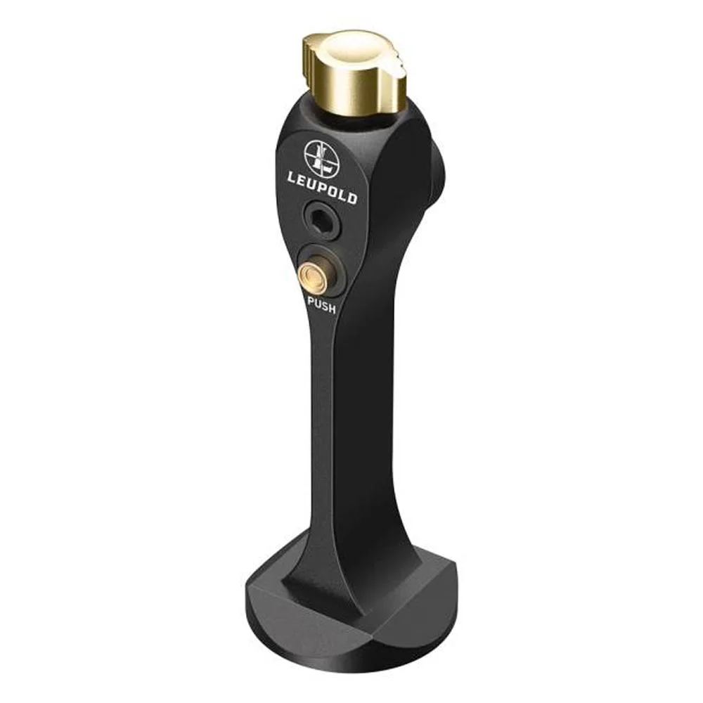 primary-24991 Leupold Quick-Stem Binocular Tripod Adapter, upright front view in black with gold-tone fittings
